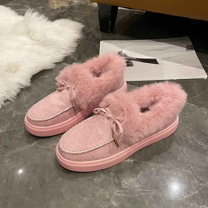 Winter Women's Cotton Flat Shoes Moccasins Femme Warm Plush Loafers Comfy Fur Flats Woman Large Size 35-43 Platform Furry Boots