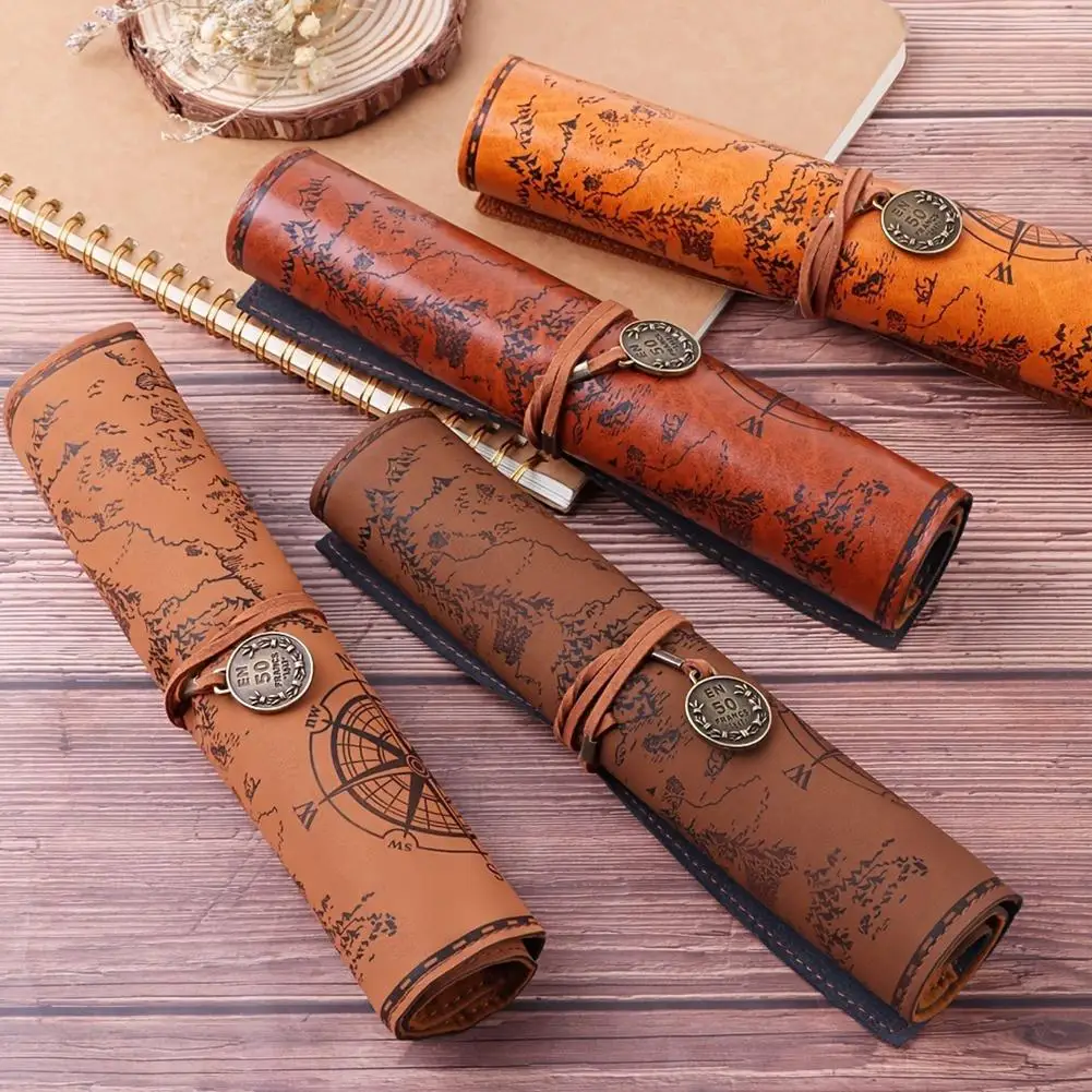 New Treasure Map Pen Bag Retro Canvas Leather Large Capacity Waterproof Pencil Bag Student Stationery Box Roll Pen Bag