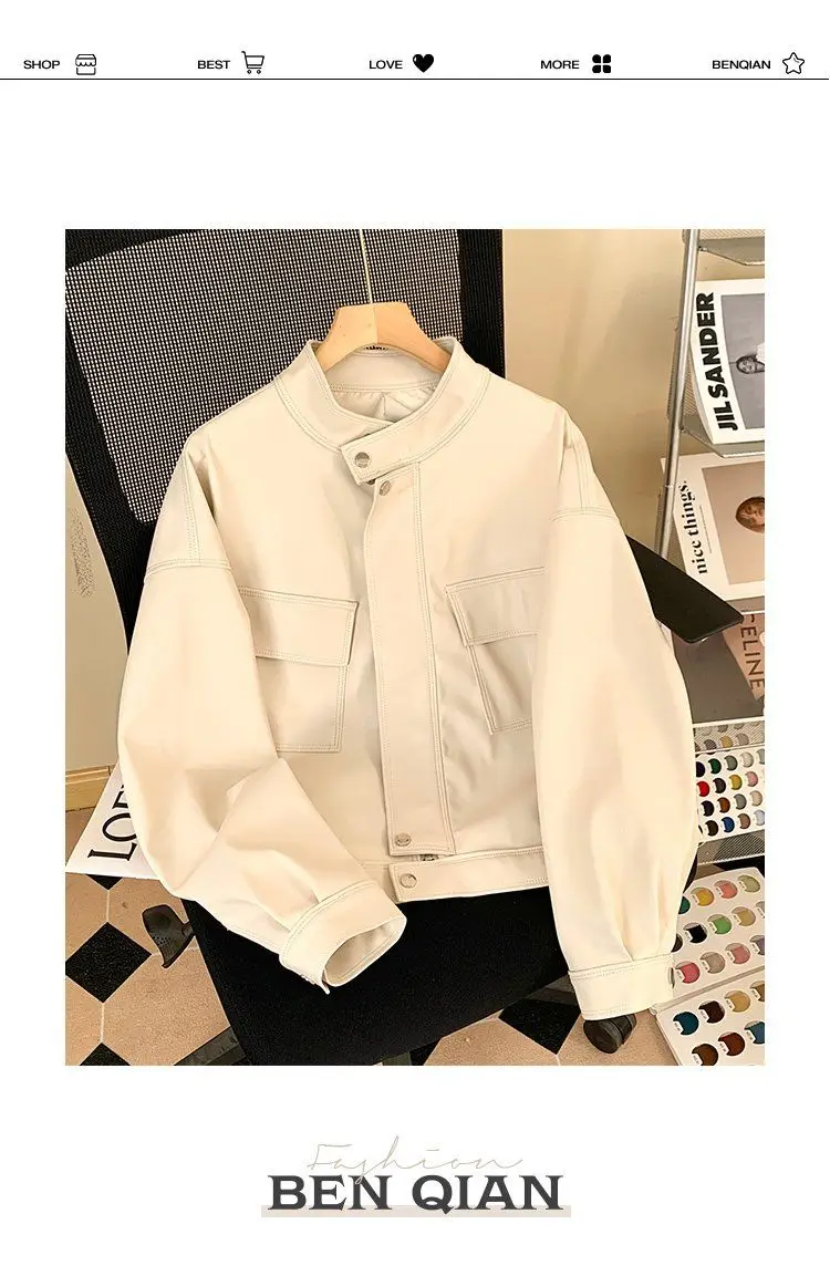 Motorcycle Leather Jacket Ladies 2026 Spring Autumn New Fashion PU Leather Coat Women Short Outcoat Stand Collar Casual Overcoat