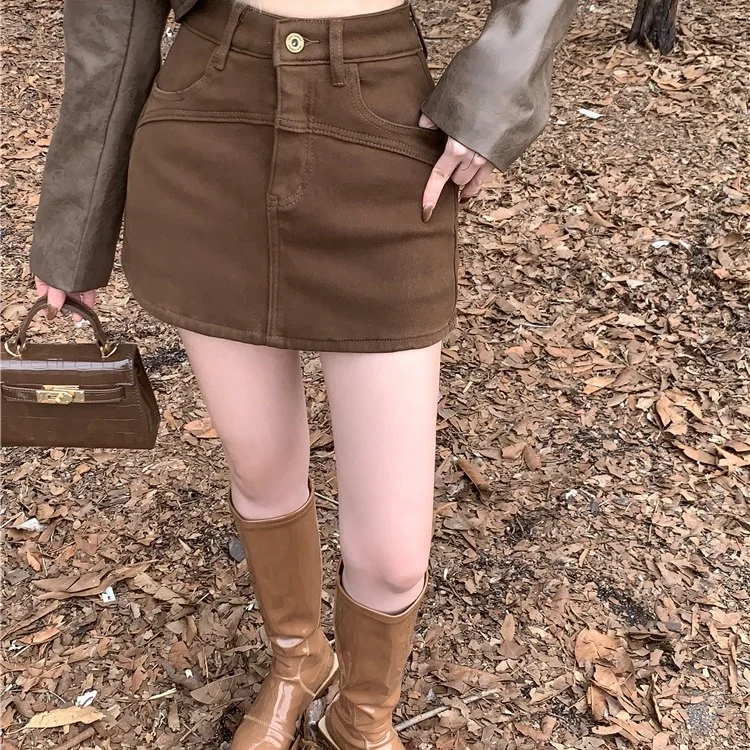 Thiened Fce High Waist A-Line Denim  Skirt Women's Autumn Winter New Sle Anti-Light Pants Skirt ort Skirt