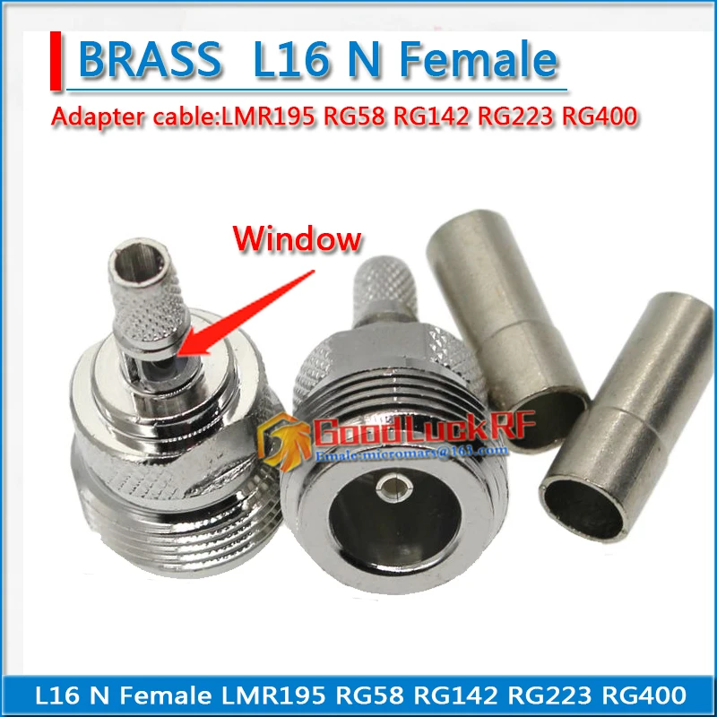 L16 N Female Crimp for LMR195 RG58 RG142 RG223 RG400 Cable Plug RF Coaxial Connector Socket Window Straight Brass Nickel plated