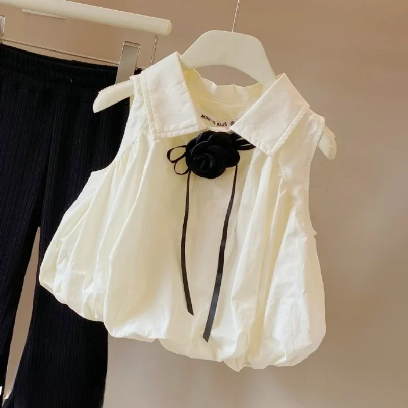 

Flower Bud Top Shirt Summer Dress 2025 New Style Western Children Sleeveless Top Design Little Girl Doll Shirt