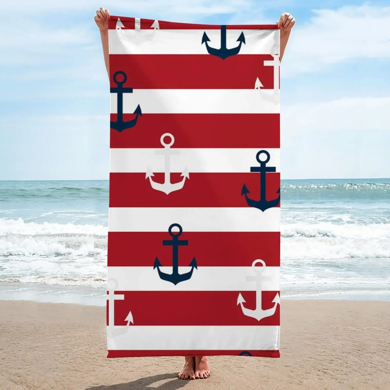 Anchor Bath Towel Towel Camping Vacation Nautical Theme Bathroom Sunscreen Surfing Sports Shawl Outdoors Blue Boat Stripe Beach