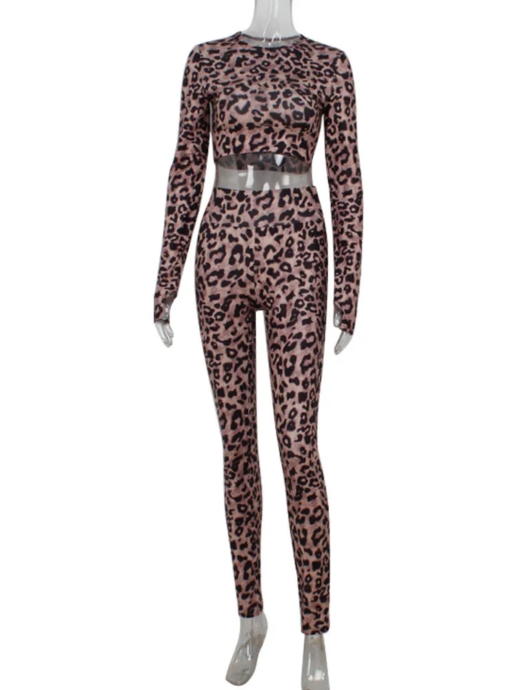 Ahagaga Sexy Leopard Women's Suits Sets Sheath Slim O-Neck Regular Long Sleeves Streetwear Club Tracksuits 2Pcs (Tops + Pants)