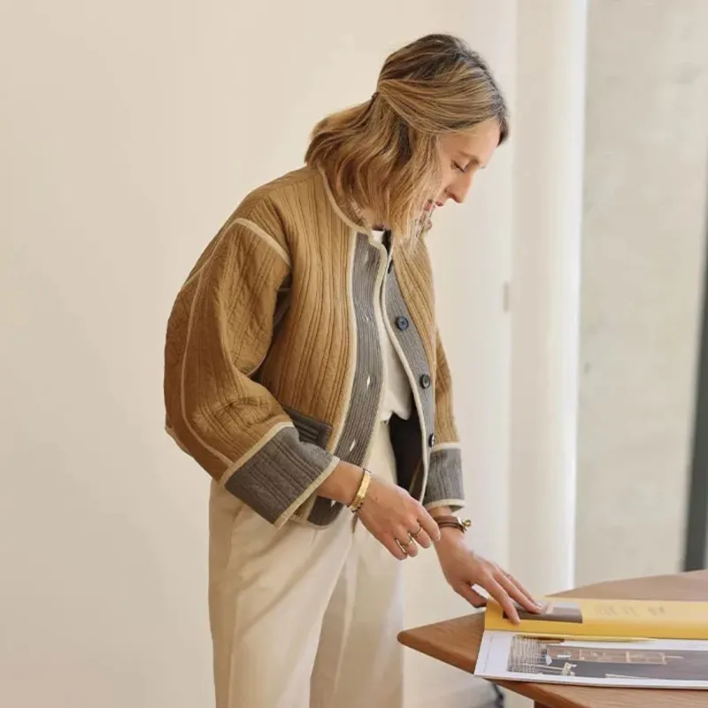 Chaqueta de algodón de retales para mujer, abrigo informal de manga larga con botones, cuello redondo, ropa de otoño, novedad de 2024