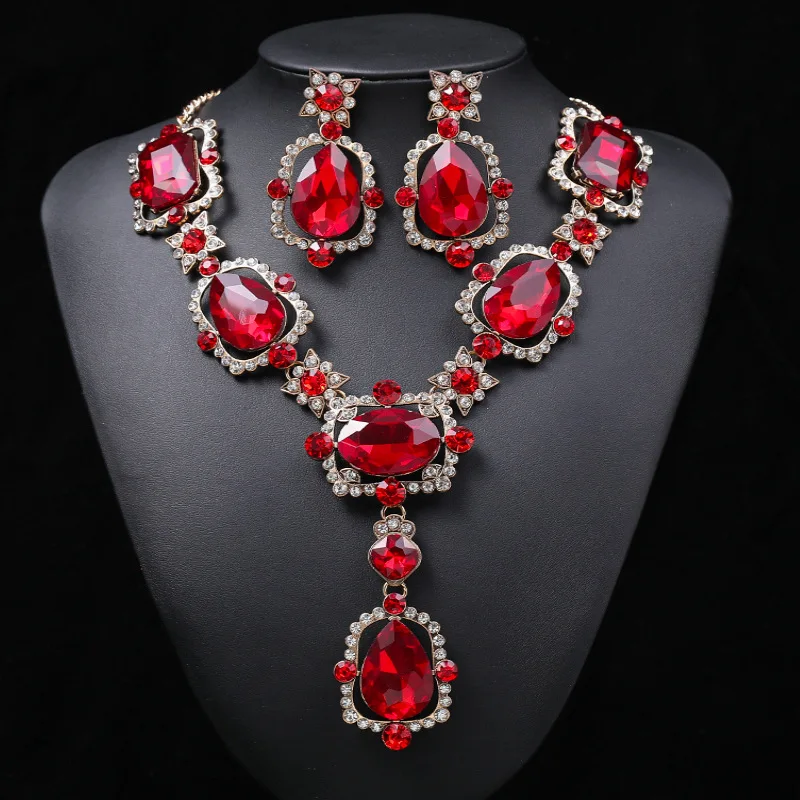 Luxury Big Rhinestone Bridal Jewelry Sets for Women Geometric Crystal Pendant Necklaces Earrings Set Wedding Costume Jewelry Set