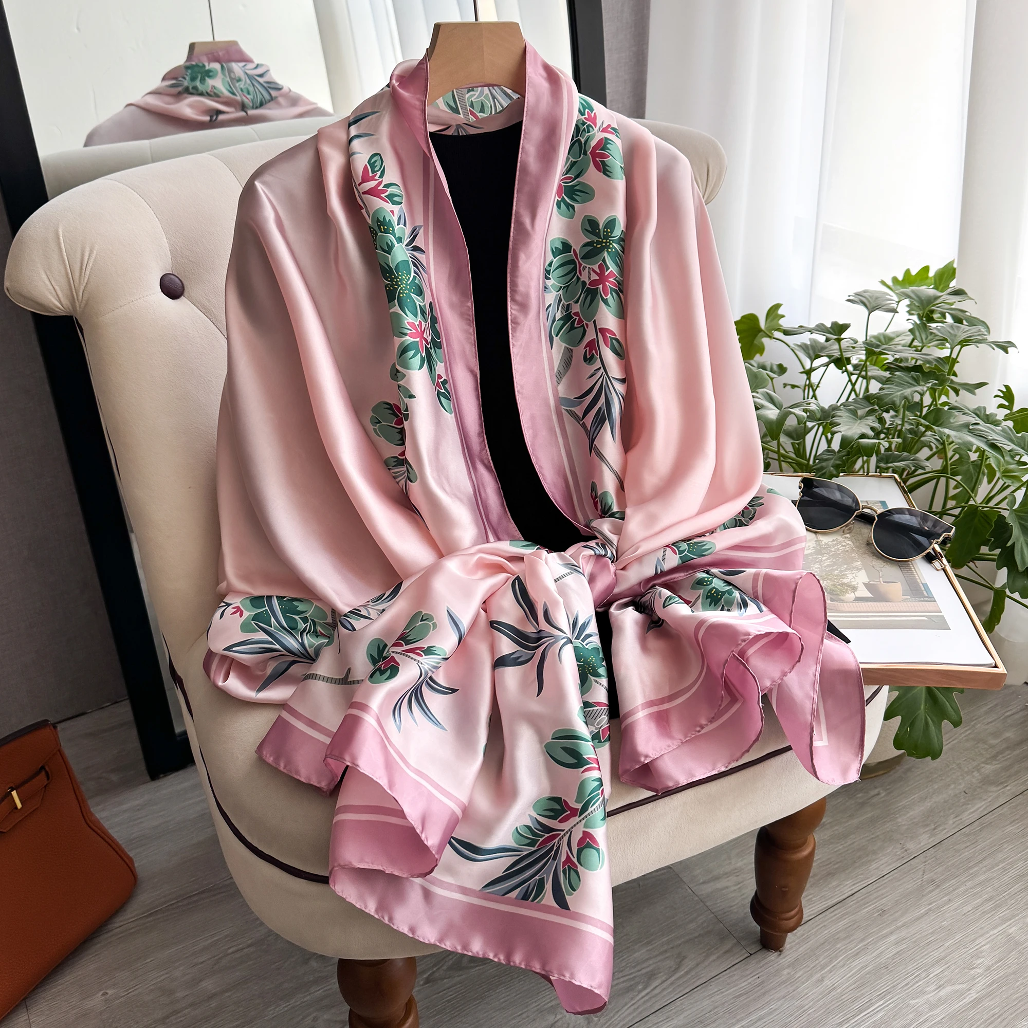 Klassischer Seidenschal 180x90cm für Damen, großer modischer bedruckter Schal für Büro, Hijab, Strandtuch, Bandana, Muffler, Pareo – Detail 7