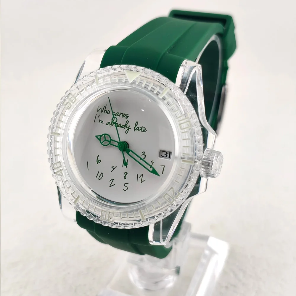NH35 Horloge China NH35 Beweging 41,5 mm Acryl Transparante Kast Band geschikt voor 28,5 mm Wijzerplaat GEEN Logo Nieuw Modieus Herenhorloge