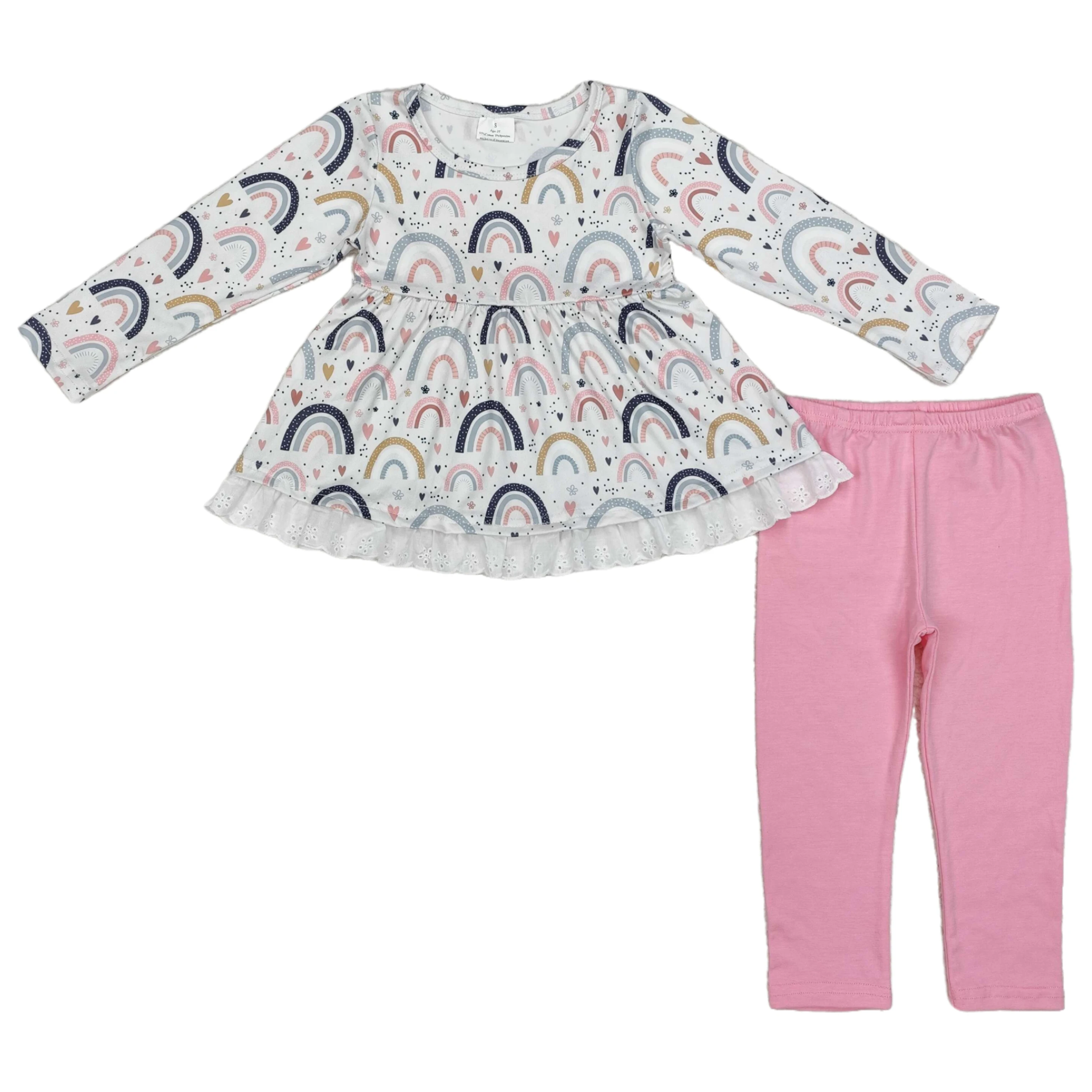

Wholesale Baby Girl Toddler Spring Fall Clothing Set Kids Long Sleeves Rainbow Tops Pink Cotton Pants Children Two Pieces Outfit