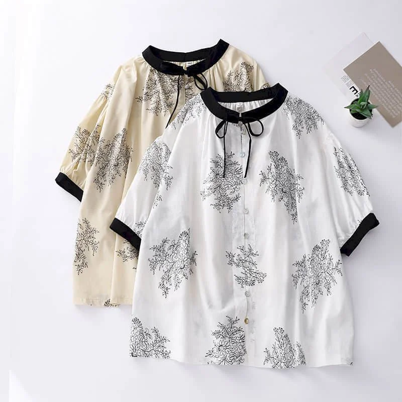 Print Shirts for Women Summer Sale Elegant O-neck Half Sleeve Literary Single Breasted Korean Style Minimalism Blouse Women Tops