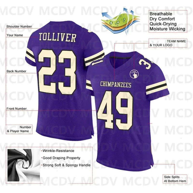 Custom Purple Or-Black Mesh Authentic Football Jersey Short Sleeves Athletic Tee Shirts Unisex Top streetwear