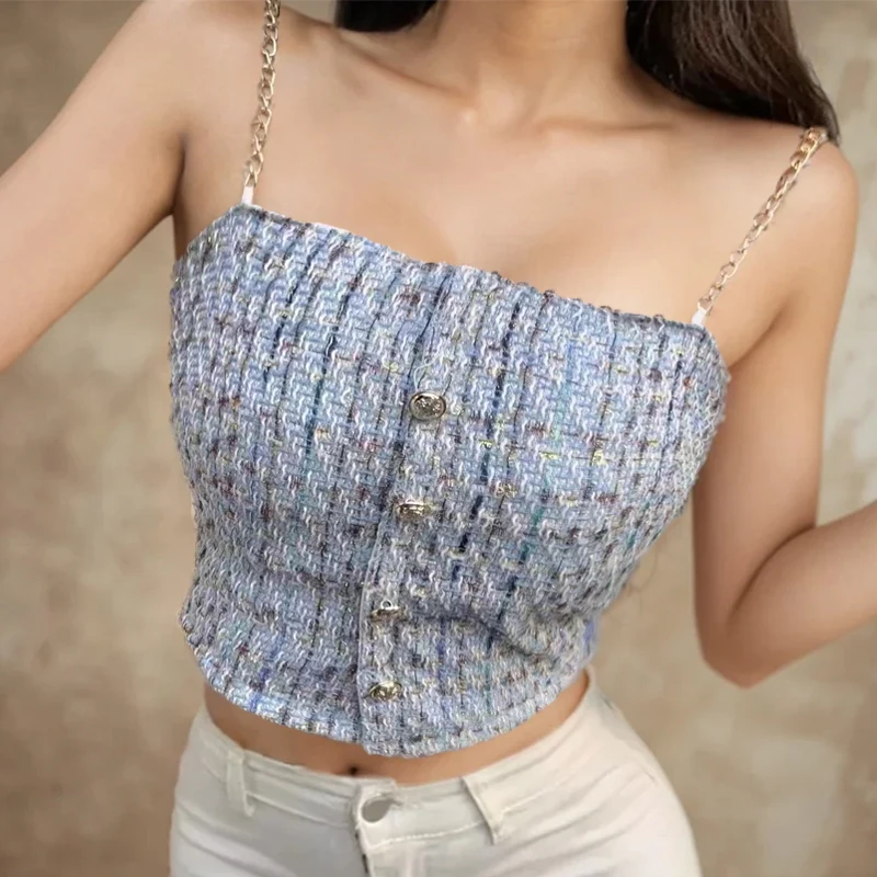 Summer Tweed Sleeveless Chain Button Tweed Tank Top Women Chic Off Shoulder With Bra Pad Tube Top Pleated Sexy Backless Camis