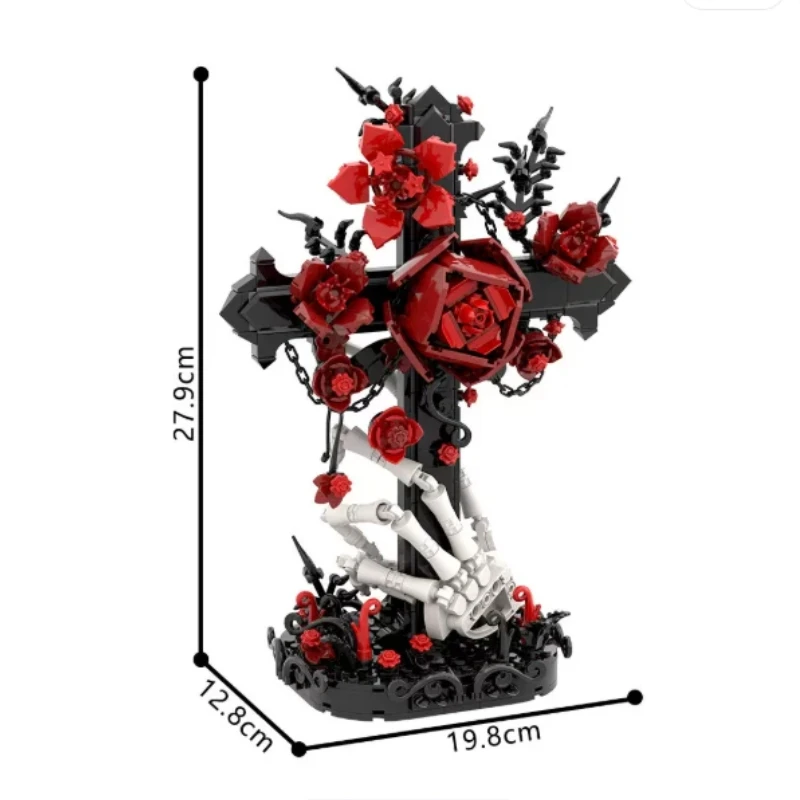 

Creative Building Blocks Skeleton Hand Cross Red Rose Display Set Gothic Home Decor Halloween Easter Decoration In Stock Gift