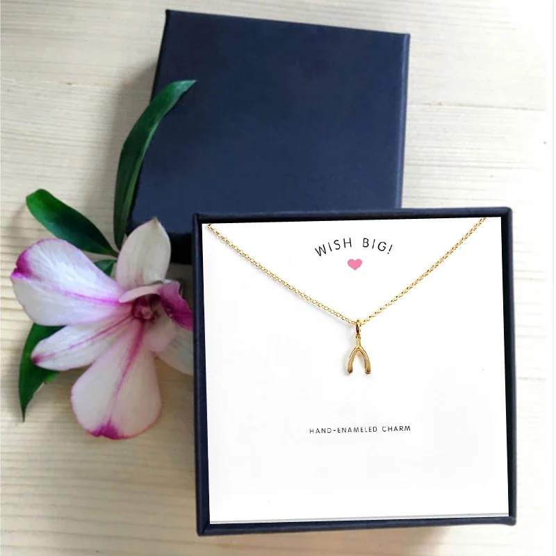 Simple Big Wish Bone Pendant Necklace Gold Color Alloy Clavicle Women Short Chain with Card Gift  Jewelry Girl Fashion