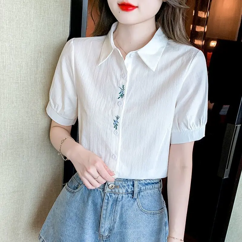 Simplicity Commute Summer New Blouses Women\'s Solid Color Spliced Polo Neck Button Loose Retro Embroidered Short Sleeve Shirts