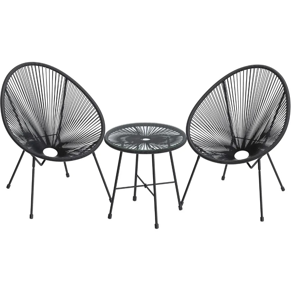 3-Piece Outdoor Seating Set, Modern Patio Furniture with Glass Top Table and Chairs, Conversation Bistro Set, Black