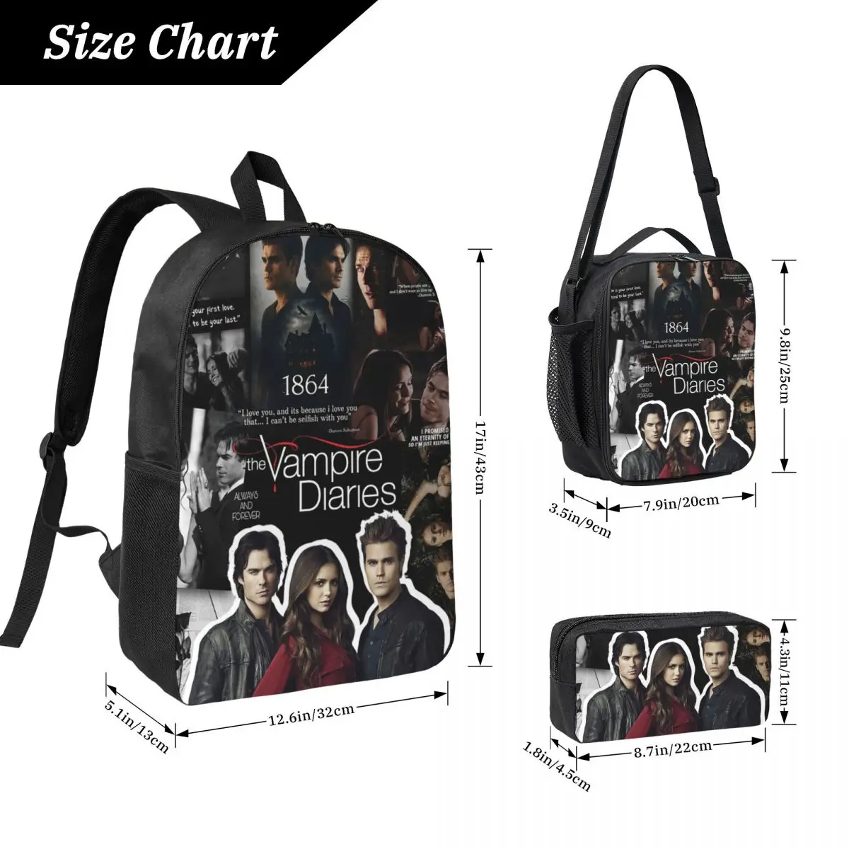 The Vampire Diaries Backpack Student BookBag School Bag Laptop Shoulder Bags 3ps Insulated Lunch Bag Pencil Case