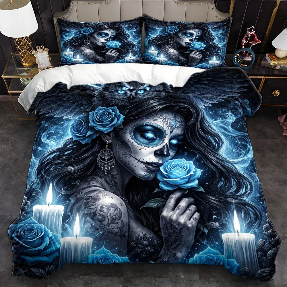 3Pc Skull Rose Owl Theme Duvet Cover Set, Three-Piece Bedding Set (1*Duvet Cover + 2*Pillowcases), Suitable for All Seasons, Machine Washable, Invisible Zipper Design, Large Double Bed Cover Set, Universal for Home, Dorm, Master Bedroom, Guest Room, Dark Style Artistic Print Bedding, Mysterious Blue Candlelight Tattoo Elements, Trendy Personalized Bedroom Bedding Set 2D Flat Print Modern Hut Mod