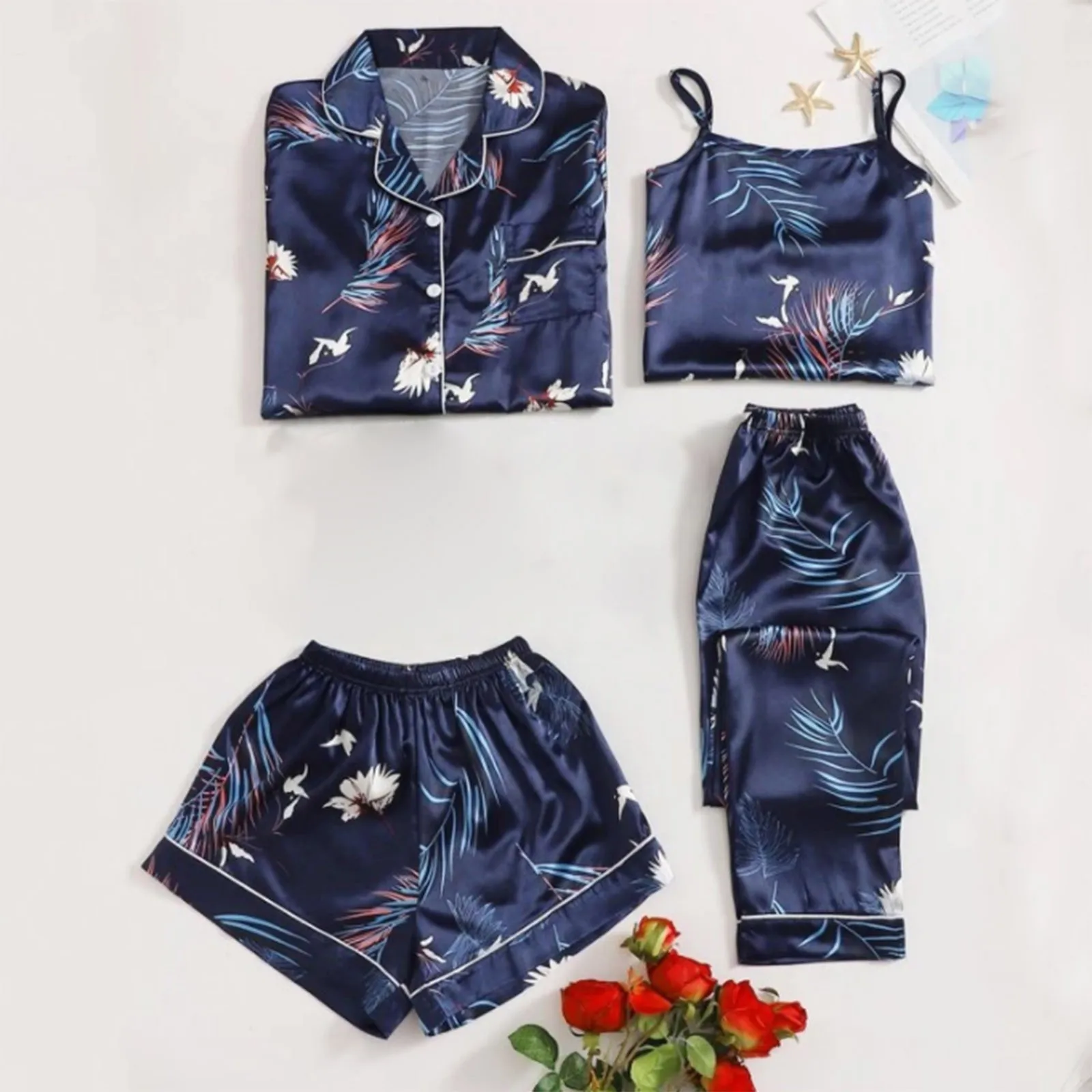 Women's Pajamas Set Home Suit Flamingo Print Sleepwear Top Shorts Long-Sleeved Trousers Suits Four Piece Pajamas For All Seasons