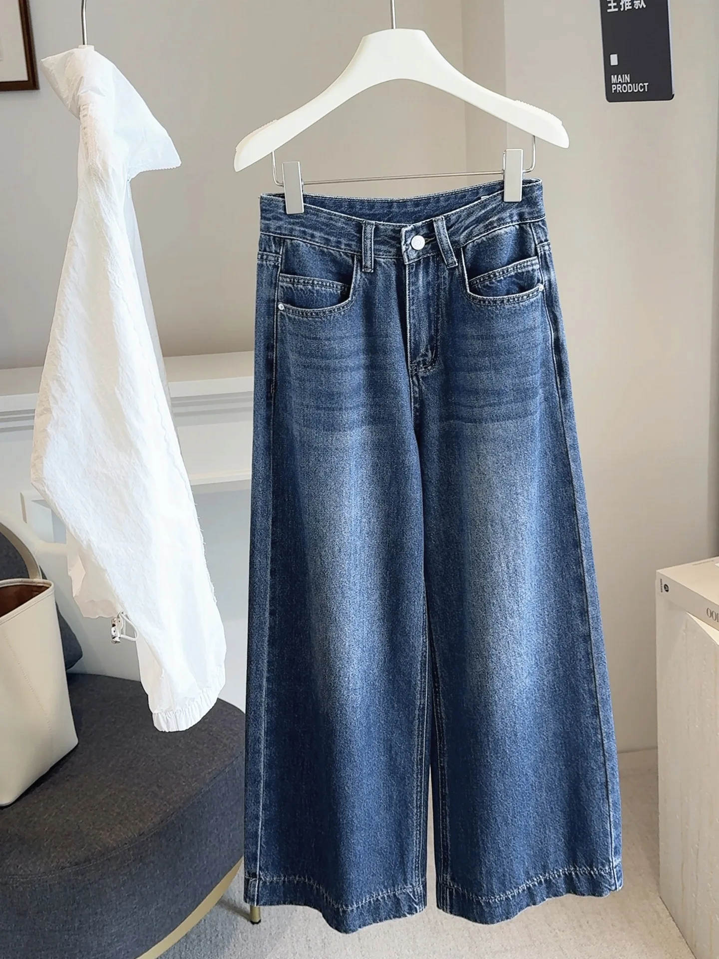 아메리칸 빈티지 블루 데님 바지 여성 가을 ​​하이 웨이스트 루즈 와이드 레그 팬츠 여성 캐주얼 발목 길이 청바지