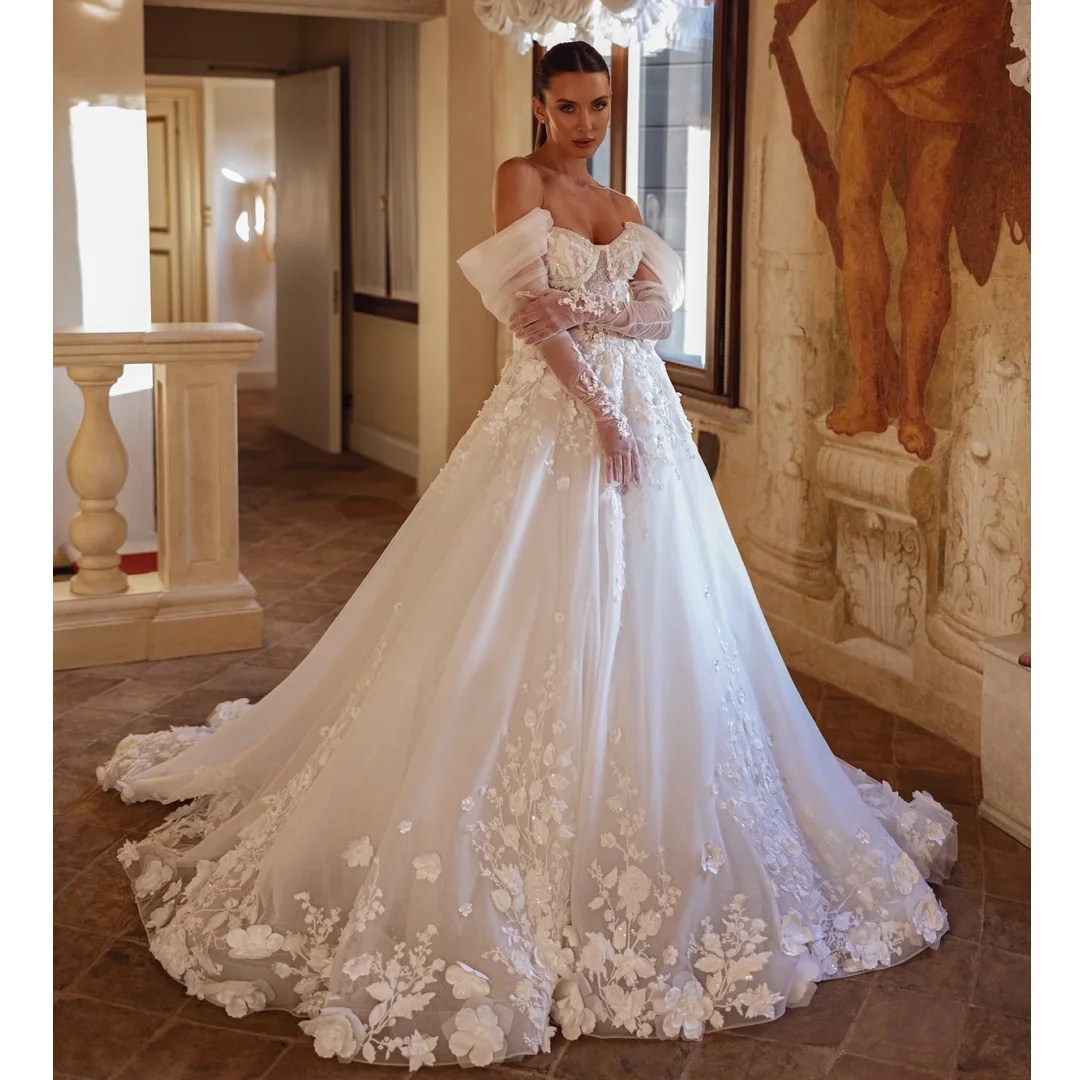 

Off the Shoulder Wedding Dresses Tulle Pleat Bridal Gown Plus Size Lace Appliques Luxury robe de mariée Customized