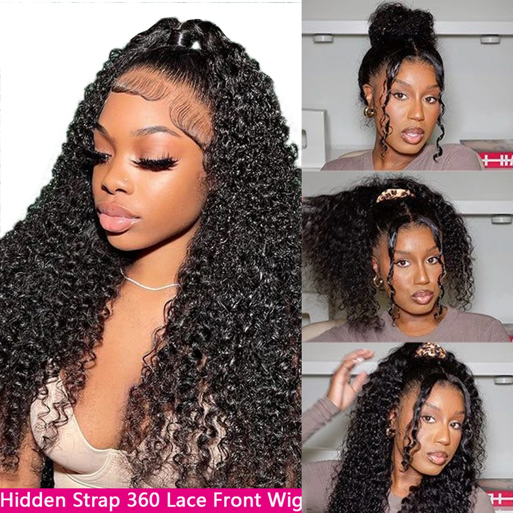 250 Density Kinky Curly Glueless Invisi Strap 360 Full Lace Frontal Wigs with Body Hair Drawstring Pre Plucked 360 Upgrade Wig