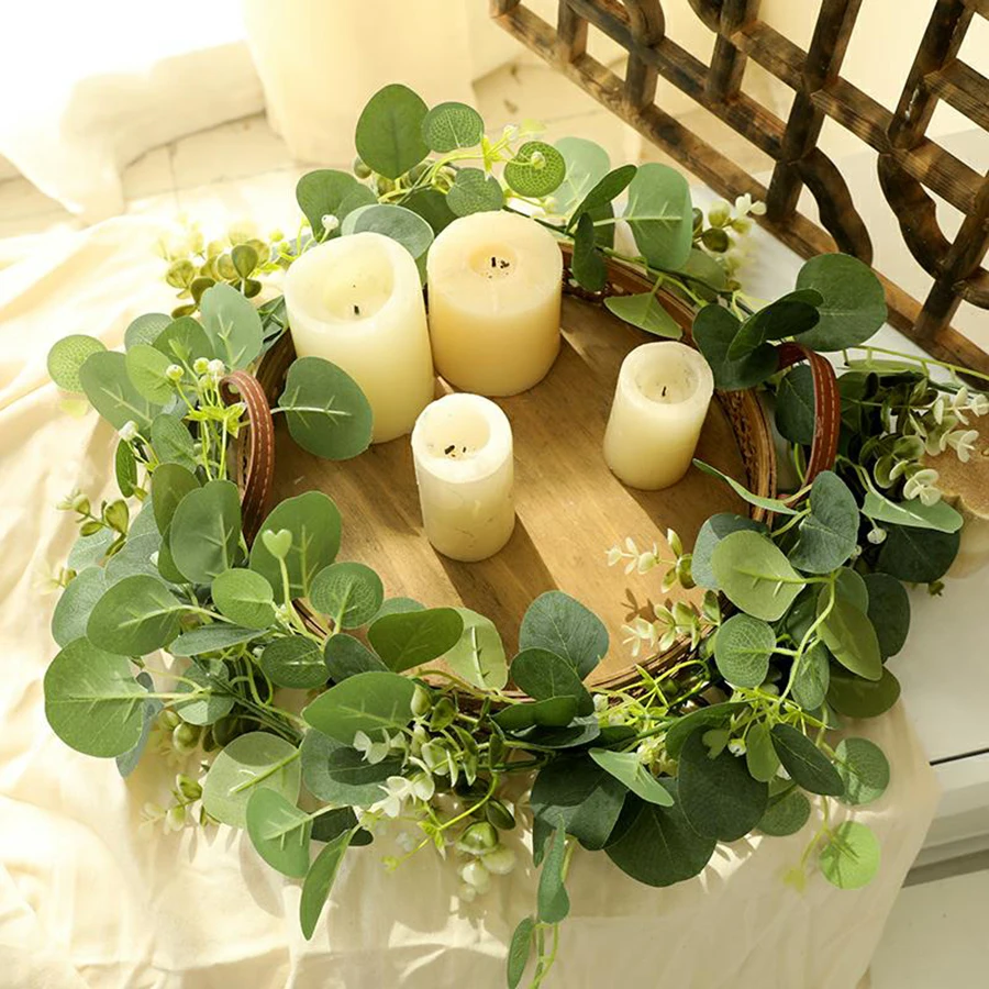 1pc Artificial Eucalyptus Leaves Greenery Garland Faux Plant Spring Vines with White Flowers Berries for Wedding Home Party Deco