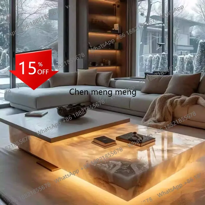 E153 Natural luxury stone square crystal light luxury mansion flat sapphire living room marble luminous jade coffee table