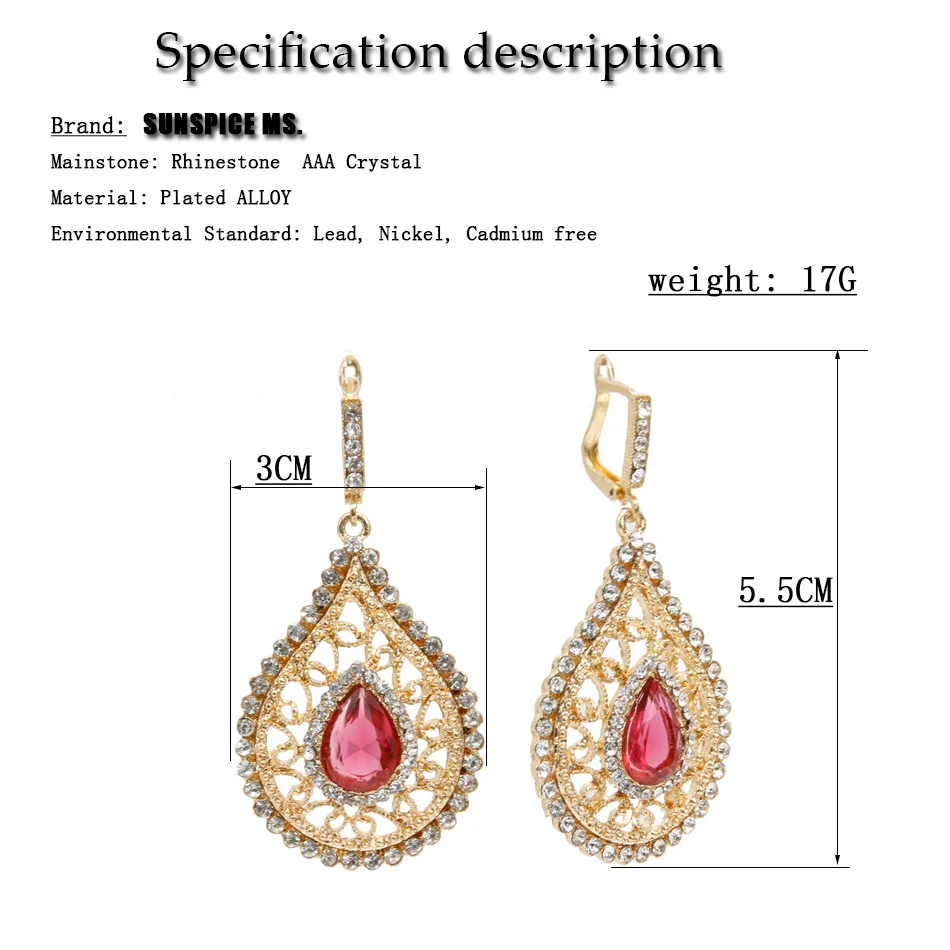 Sunspicems Gold Color Crystal Algeria Morocco Earring For Women Arab Ethnic Wedding Jewelry Drop Water Dangle Earring Bride Gift
