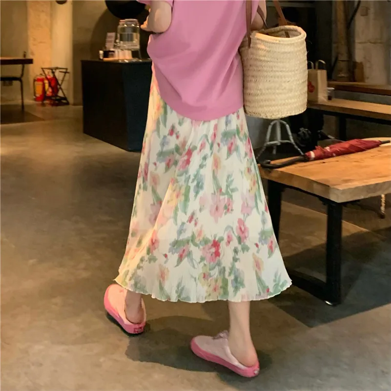 Spring Chiffon Medium Length Fashion Sweet French Print Slim Elastic Waist Skirts Thin Elegant Vintage Beach Style Vestidos