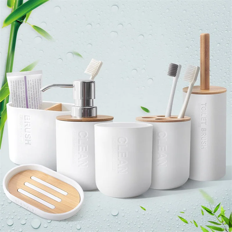 Toothbrush Holder Modern Household Bath Room Supply Shower Gel Dish Bamboo Soap Dispenser Soap Rack Cup Bathroom Accessories Set