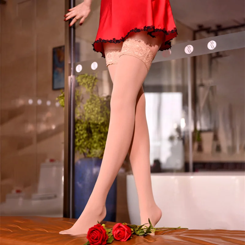 

10 Colors Oil Glossy Lace Top Silicone Hold Up Thigh High Stockings Super Smooth Elastic Nylon Medias Hot Pole Dance Clubwear