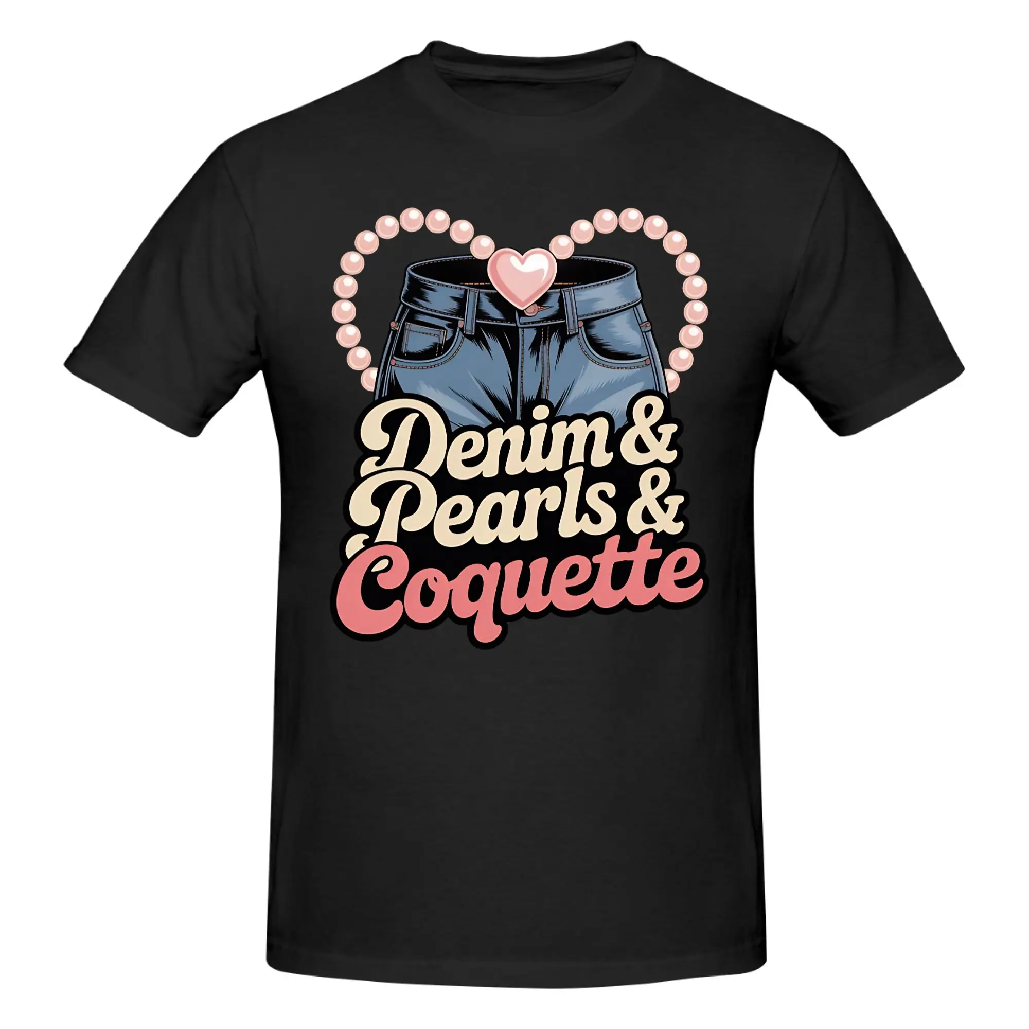 1 Piece Denim Pearls Bows Coquette Style Blue Funny Graphic 100% Cotton T-Shirt Cowgirl Fashion Western Style Tops Tees For Men