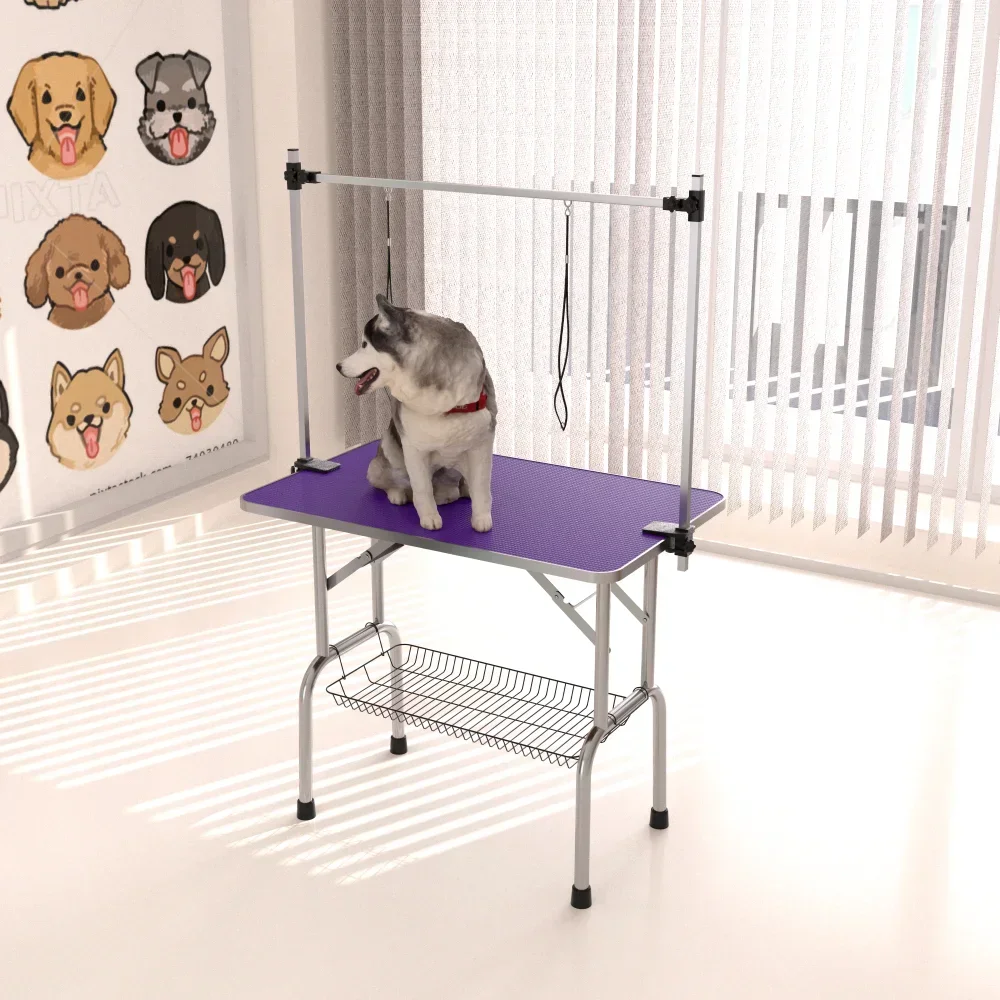 

Folding Dog Pet Grooming Table Stainless Steel Frame Rubber Mat on Board, Adjustable Arm and Clamps pet dog Cat Grooming Table