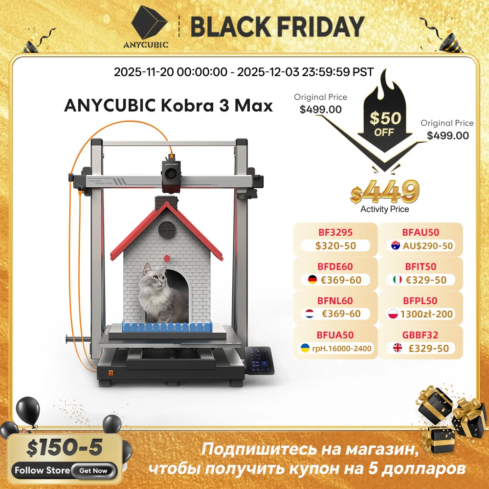 

ANYCUBIC Kobra 3 Max Multi-Color 3D Printer Max 600mm/s Print Speed Large Build Size 500*420*420mm Smart APP Control