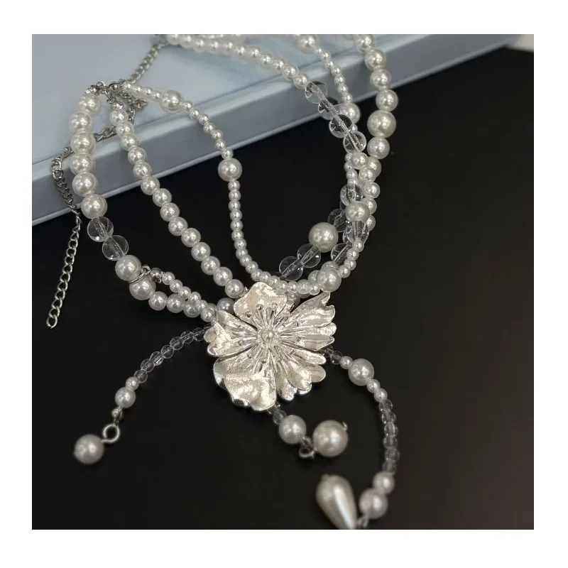 

French Pearl Floral Tassel Necklace for Women, Light Luxury and High-end Feel, Multi-layered Collarbone Chain Versatile Necklace