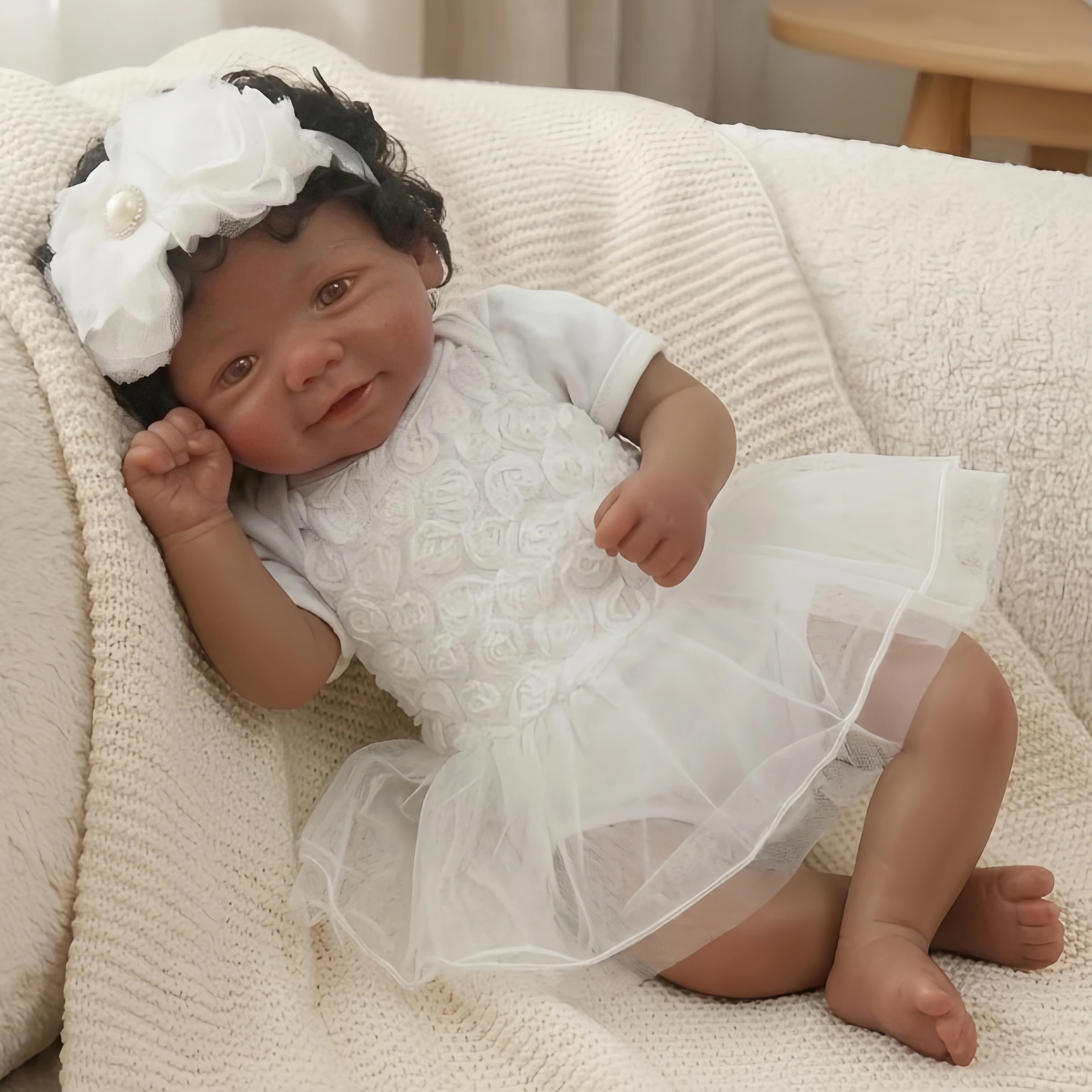 42cm Open Mouth & Rooted Hair Soft Silicone Reborn Girl Doll Vivienne, Dark Skin 3D Crafted Lifelike bebe reborn de silicona