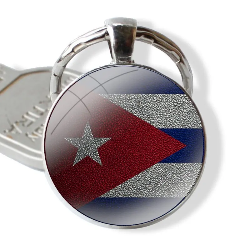 Keychain Handmade Glass Cabochon Key Ring Holder Pendant Key Chains Cartoon Creative Fashion Design Cuban Cuba Flag