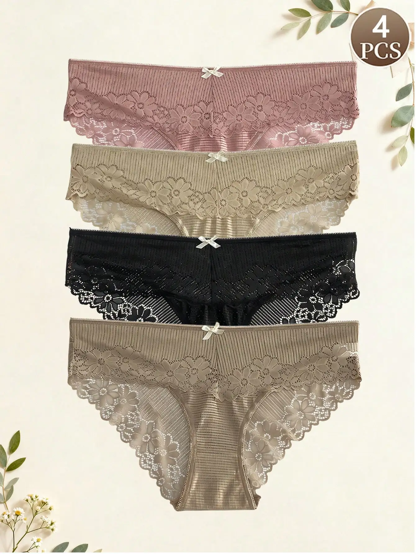 4pcs women's floral lace trimmed mid waist underwear with bow decoration, semi transparent mesh triangle underwear, soft, comfor