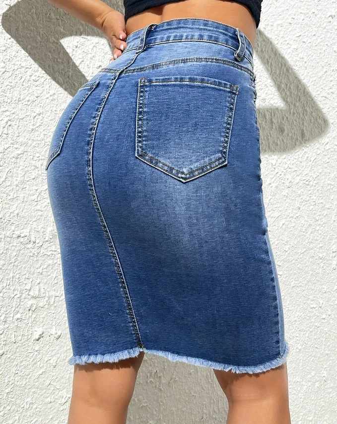 Saias femininas saia jeans comprimento médio fino ajuste sólido cintura alta casual regular elegante emenda hip envoltório botão bolso verão