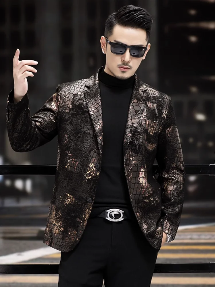 Business Men Snake Pattern Real Sheepskin Blazer Work Suit Coat Autumn Fashion Slim Fit Single Breasted Genuine Leather Jacket