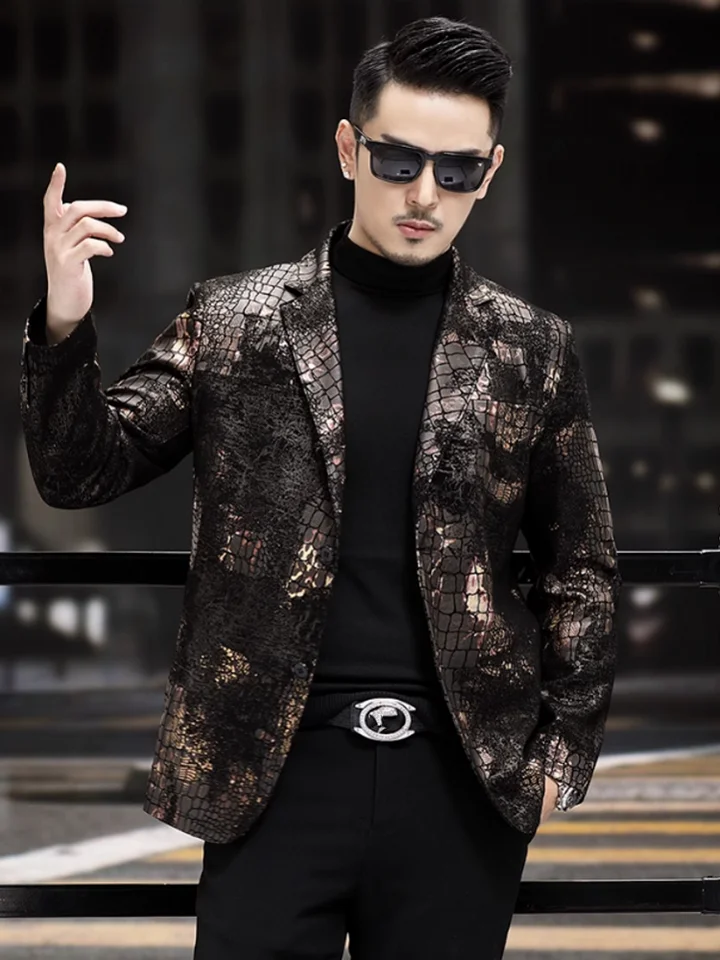 Supplier スネークスキン風 ジップアップジャケット Lサイズ Business Men Snake Pattern Real Sheepskin Blazer Work Suit Coat