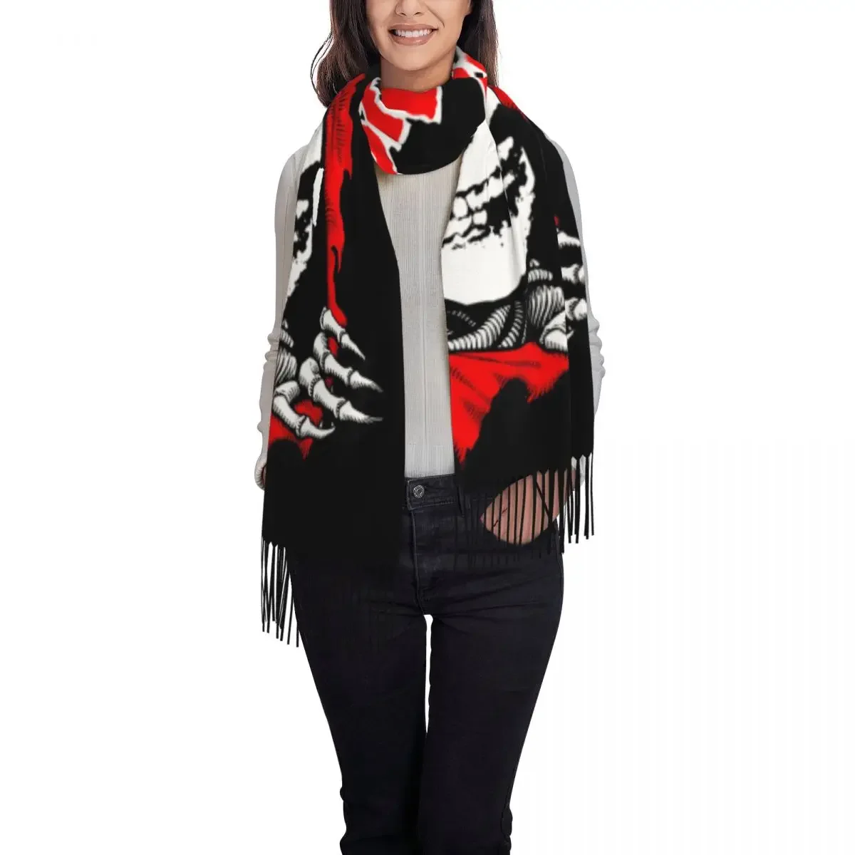 Custom Horror Punk Rock Misfits Skull Tassel Scarf Women Soft Shawl Wrap Ladies Winter Fall Scarves