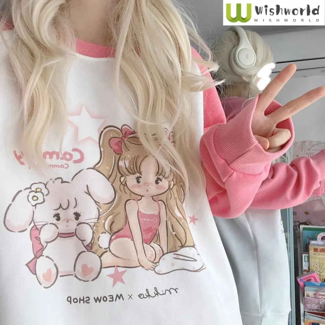 

Japanese Cute Color Contrast Dopamine Sweater for Female New Sweet Student Loose Long Sleeve T-shirt Anime Cartoon Clothing