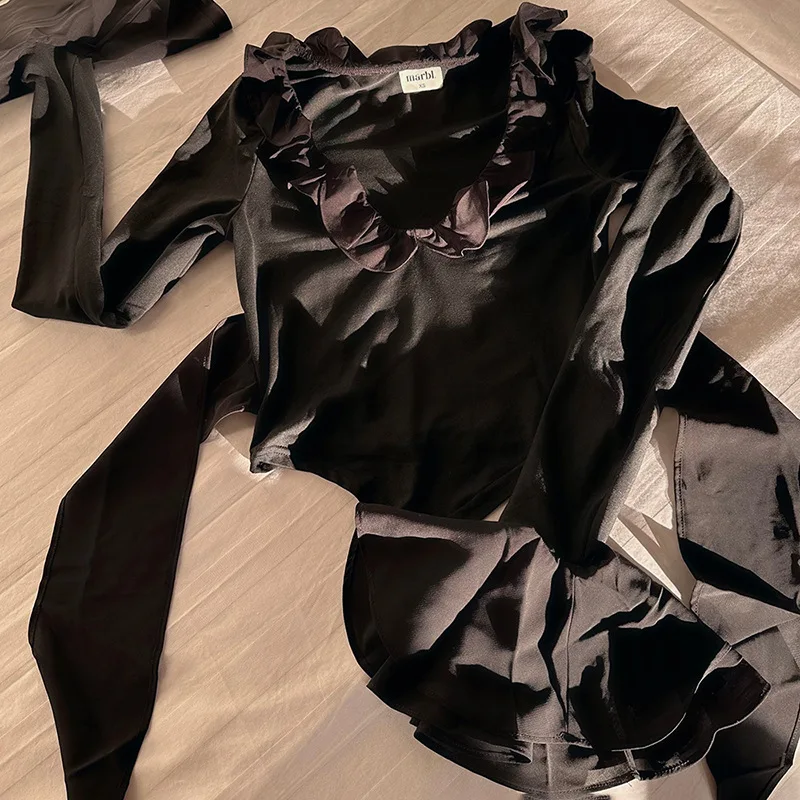 

Cryptographic Elegant Frill Ruffle Detail Flare Sleeve Tops Low Plunge Neck Slim Tie Back Y2K Sexy Cropped Tops Solid Clothes