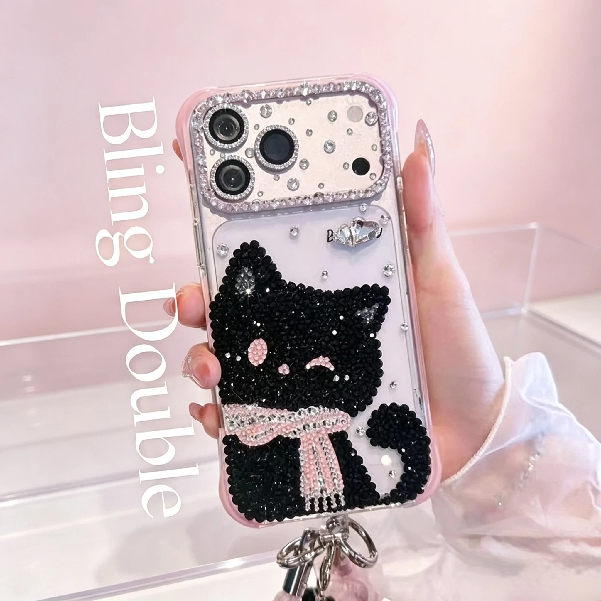 Customized cute fairy cat rhinestone phone case, suitable for iPhone.