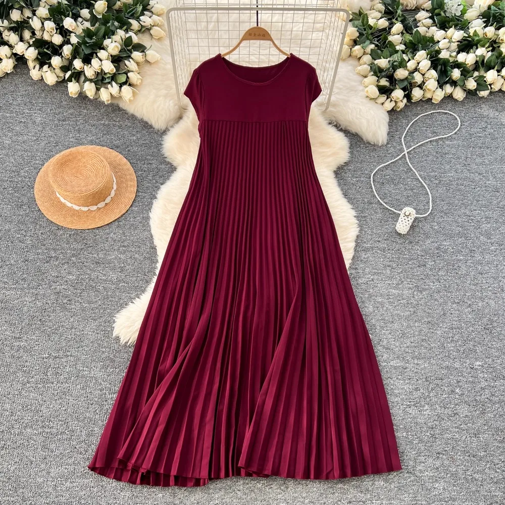 Elegant Short Sleeve Vintage O-Neck Chic Pleated Fashion Loose Dresses French Casual Streetwear High Street Plus Size Clothing