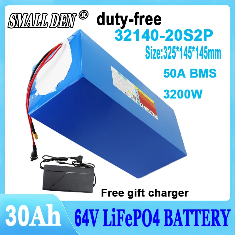 

New 32140 20S2P 64V 30Ah Lithium Iron Phosphate Rechargeable Battery Built in 50A BMS 3200W Motor Large Capacity+5A Charger