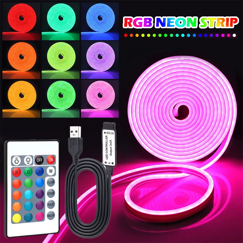 USB RGB Neon Strip Lights With 24Keys Remote Control, Flexible Rope Lights Gaming Led Neon Light Strip RGB LED Neon Lights