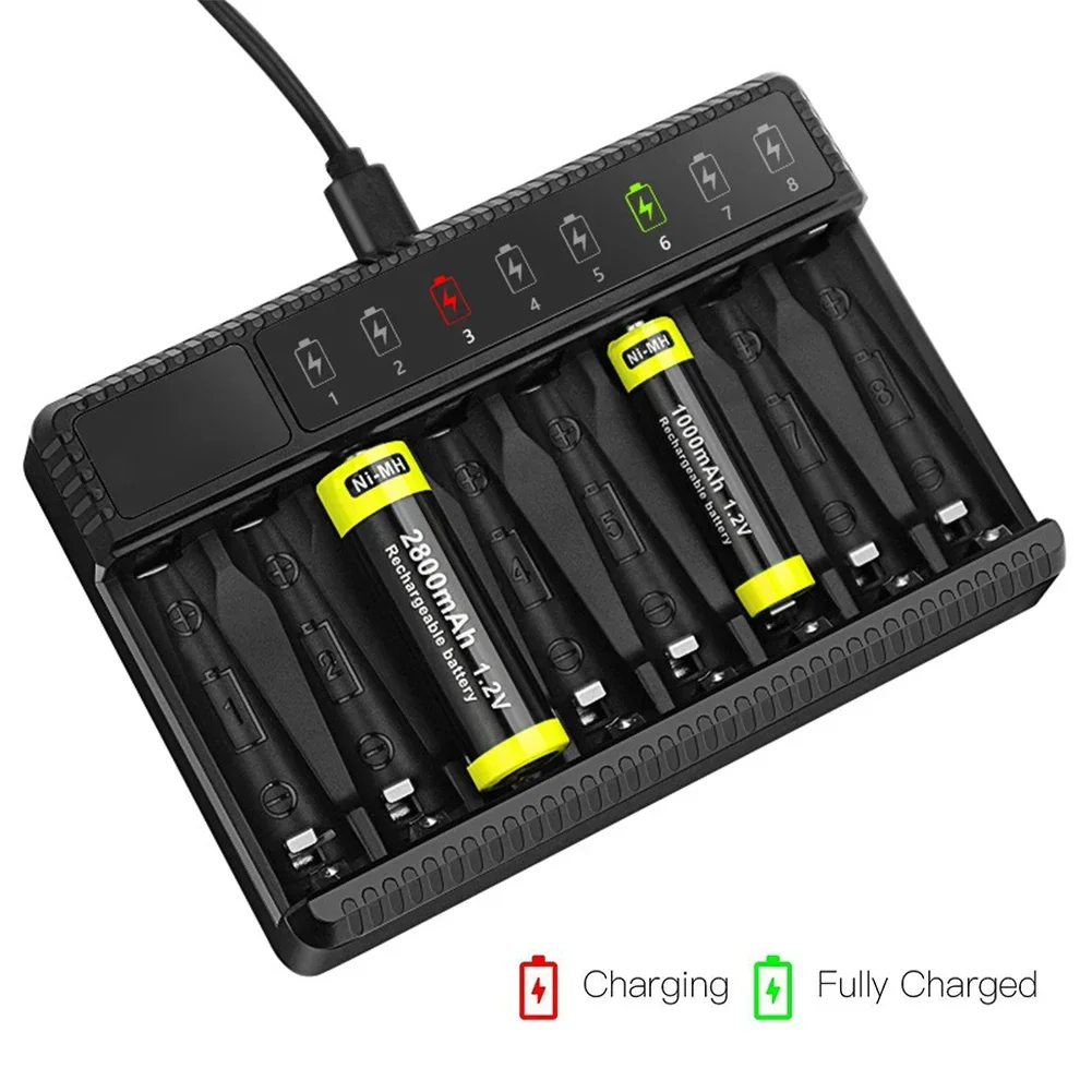 Intelligentes intelligentes Batterieladegerät, LED-Anzeige für 1,2 V AA/AAA NiMH-Akkus, 8 Steckplätze, Ni-MH-Batterieladegerät